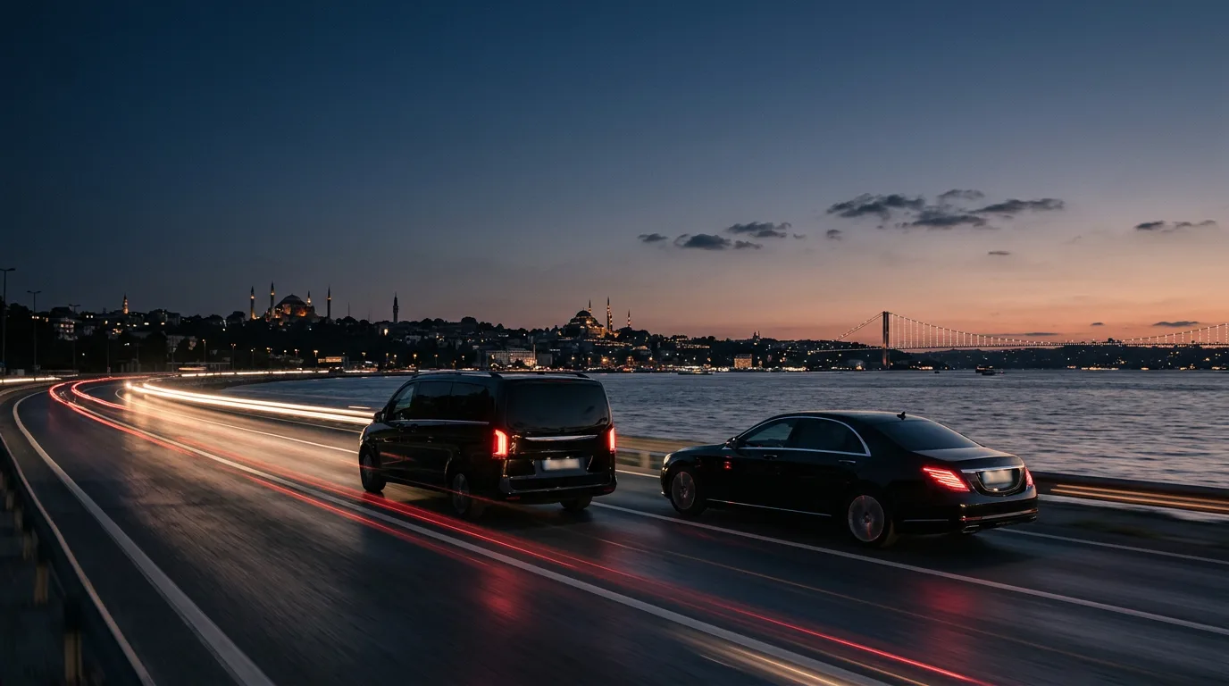 Alacakaranlıkta İstanbul Boğazı kıyısında ilerleyen siyah VIP transfer araçları.